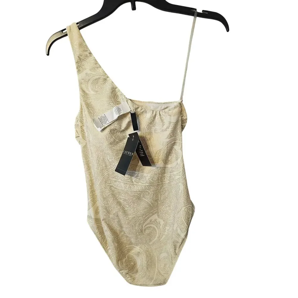 Lauren Ralph Lauren Gold Paisley One-Shoulder Swimsuit, Size 6, NWT